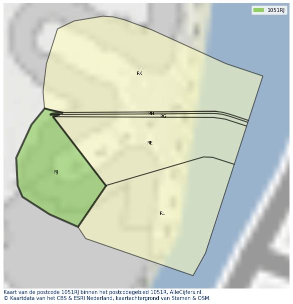 Afbeelding van het postcodegebied 1051 RJ op de kaart.