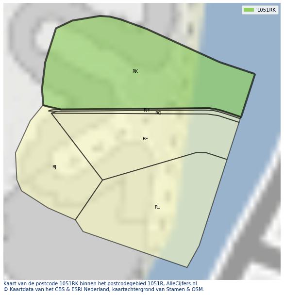 Afbeelding van het postcodegebied 1051 RK op de kaart.