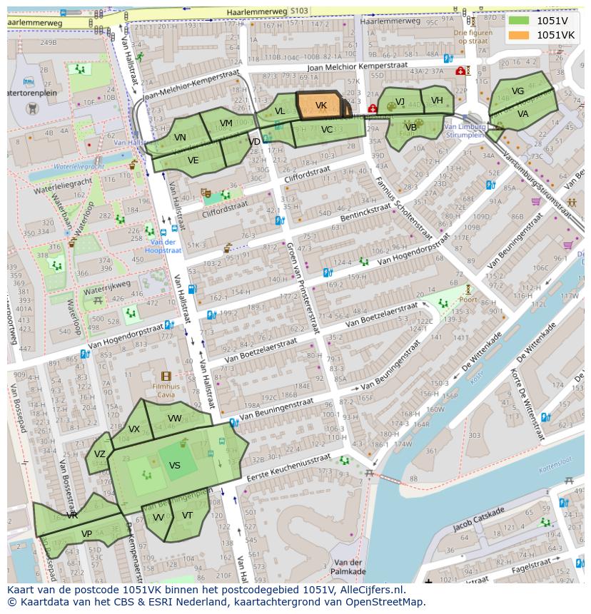 Afbeelding van het postcodegebied 1051 VK op de kaart.
