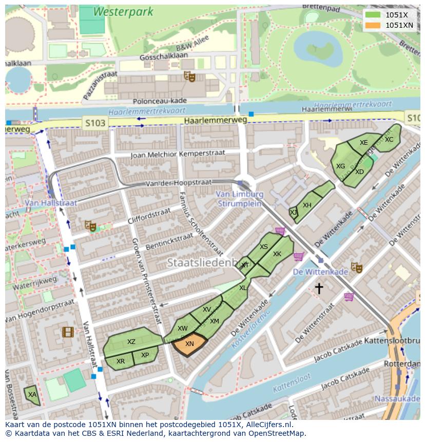 Afbeelding van het postcodegebied 1051 XN op de kaart.