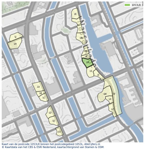 Afbeelding van het postcodegebied 1053 LR op de kaart.