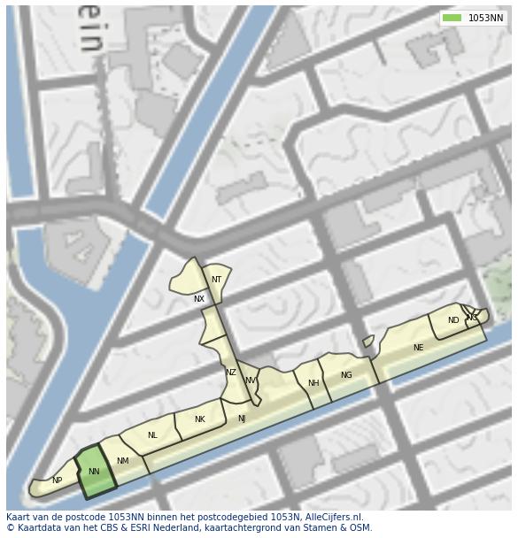 Afbeelding van het postcodegebied 1053 NN op de kaart.