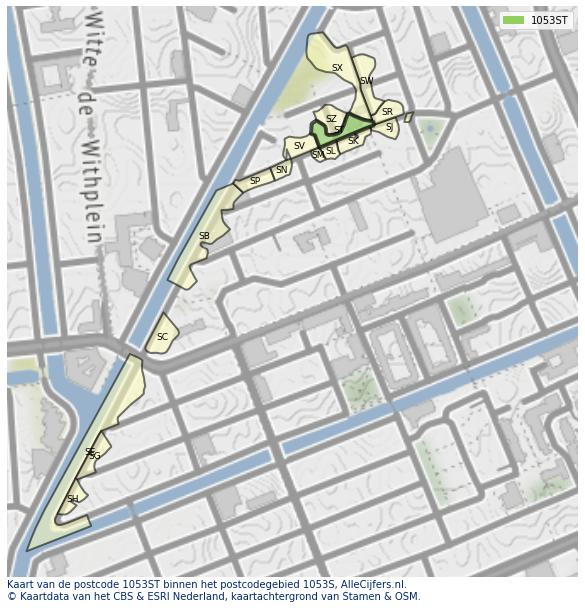 Afbeelding van het postcodegebied 1053 ST op de kaart.
