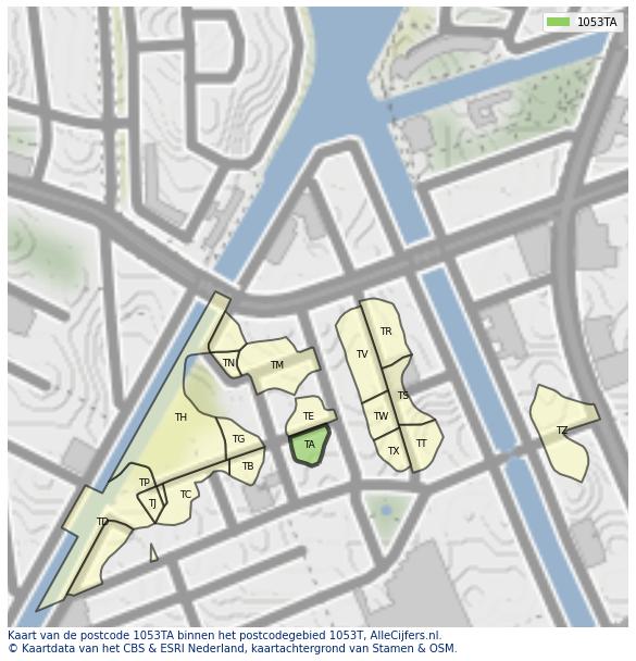 Afbeelding van het postcodegebied 1053 TA op de kaart.