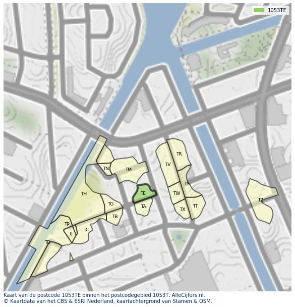Afbeelding van het postcodegebied 1053 TE op de kaart.