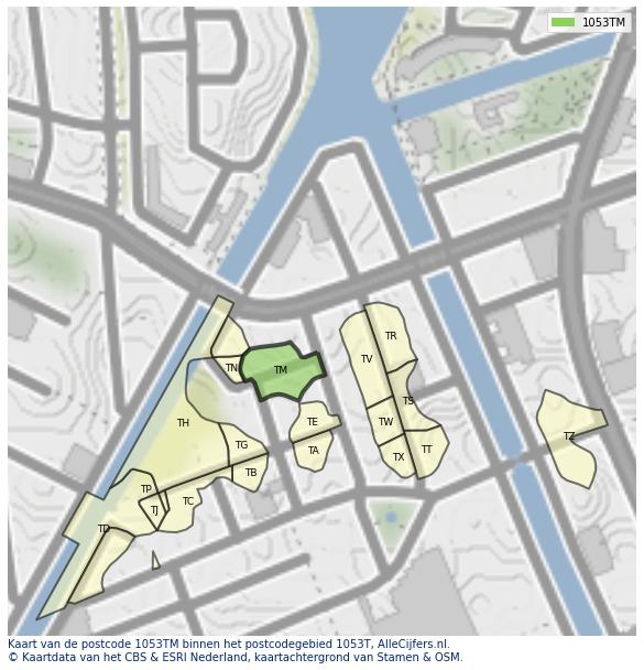 Afbeelding van het postcodegebied 1053 TM op de kaart.