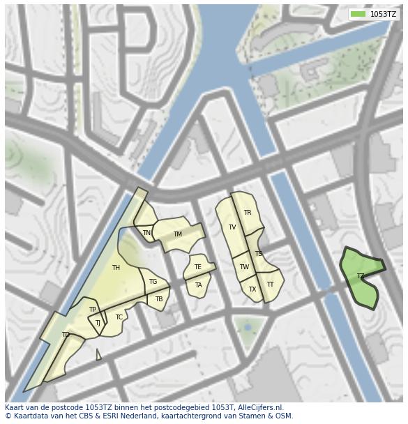 Afbeelding van het postcodegebied 1053 TZ op de kaart.
