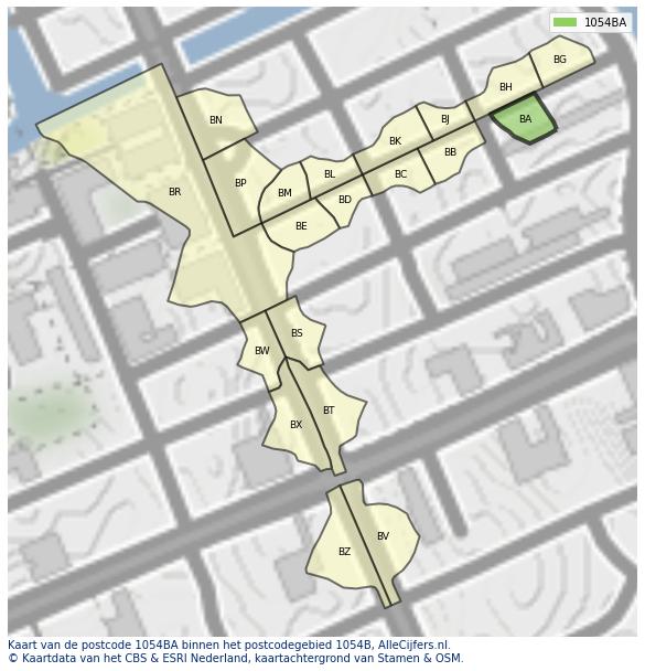 Afbeelding van het postcodegebied 1054 BA op de kaart.