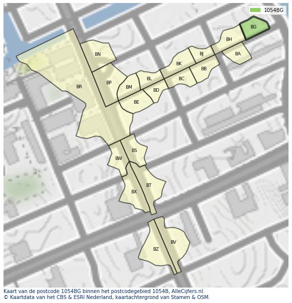 Afbeelding van het postcodegebied 1054 BG op de kaart.