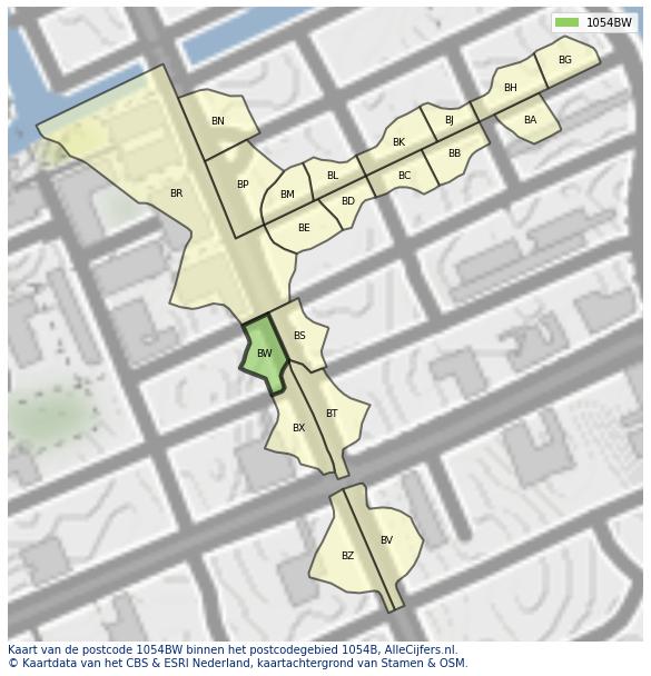 Afbeelding van het postcodegebied 1054 BW op de kaart.