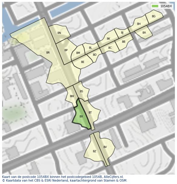 Afbeelding van het postcodegebied 1054 BX op de kaart.
