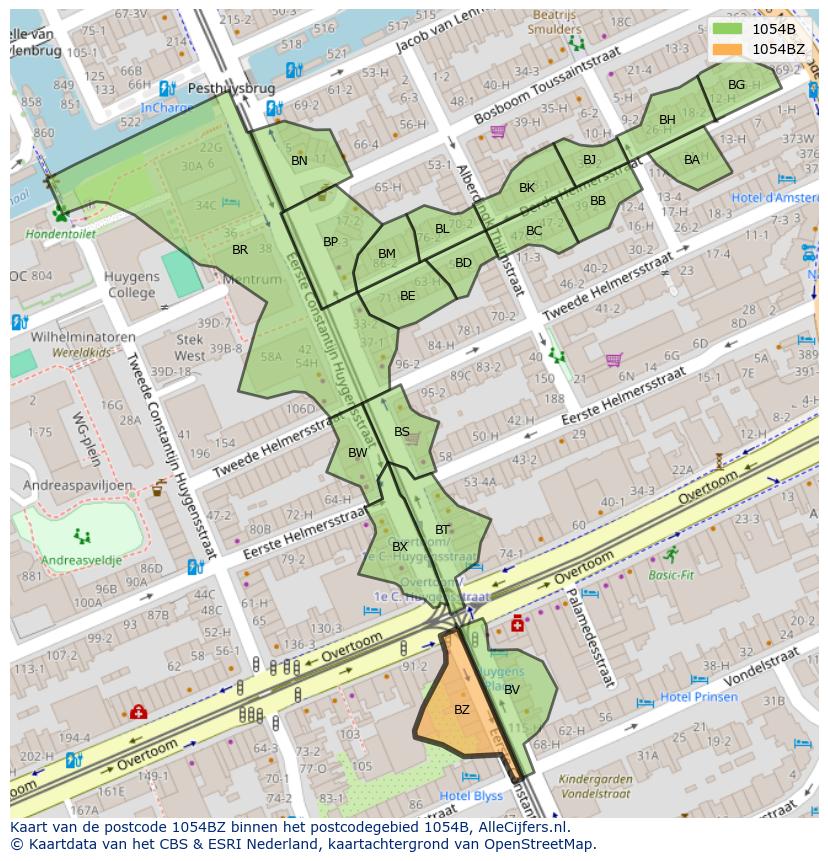 Afbeelding van het postcodegebied 1054 BZ op de kaart.
