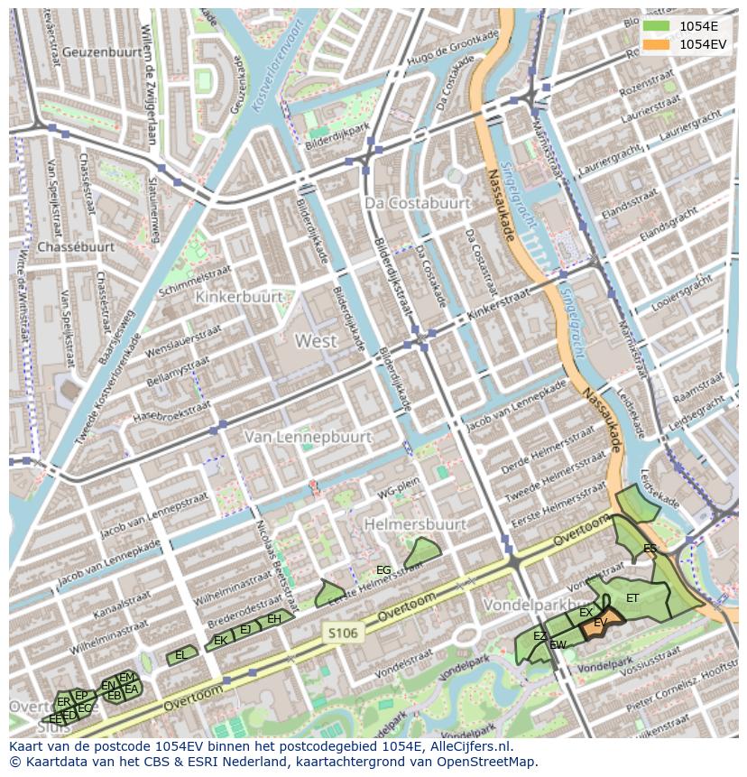 Afbeelding van het postcodegebied 1054 EV op de kaart.