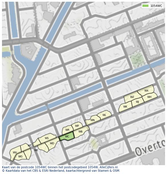 Afbeelding van het postcodegebied 1054 WC op de kaart.