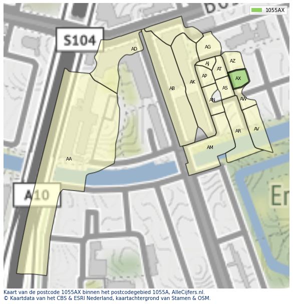 Afbeelding van het postcodegebied 1055 AX op de kaart.