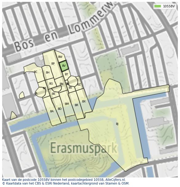 Afbeelding van het postcodegebied 1055 BV op de kaart.