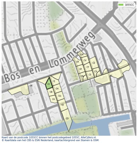 Afbeelding van het postcodegebied 1055 CC op de kaart.