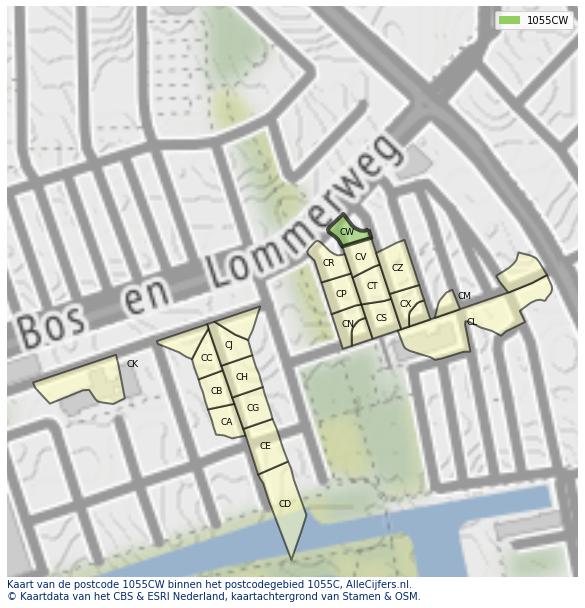 Afbeelding van het postcodegebied 1055 CW op de kaart.