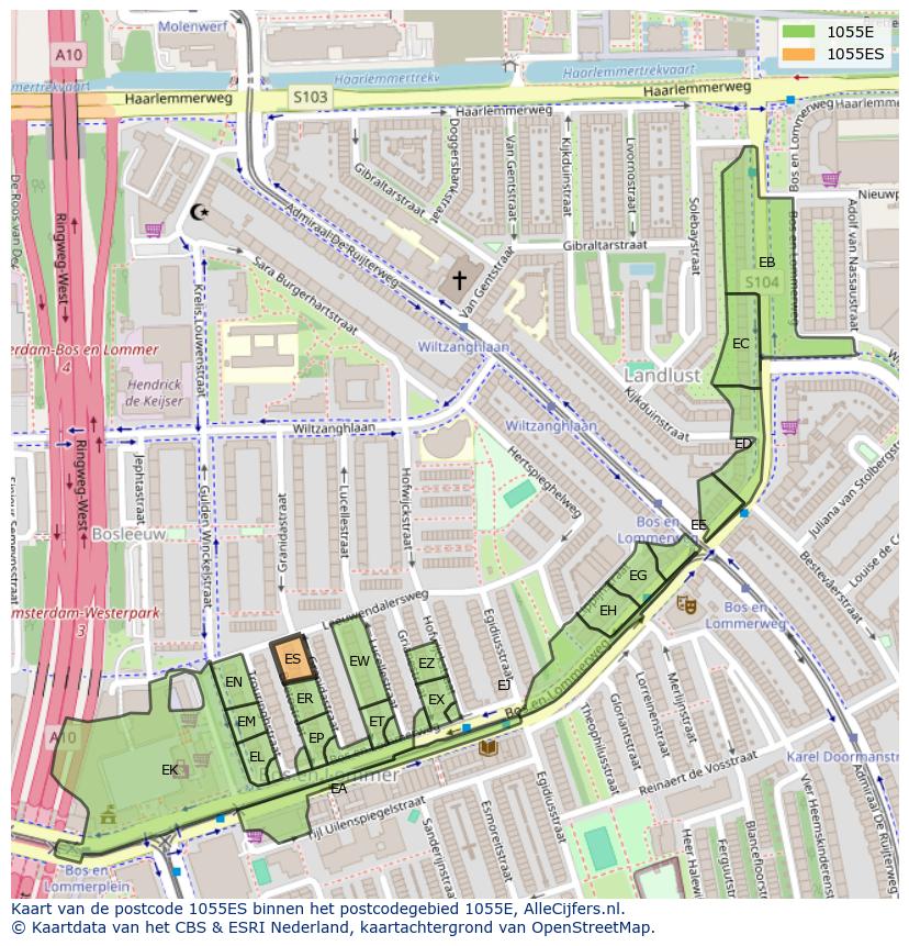 Afbeelding van het postcodegebied 1055 ES op de kaart.