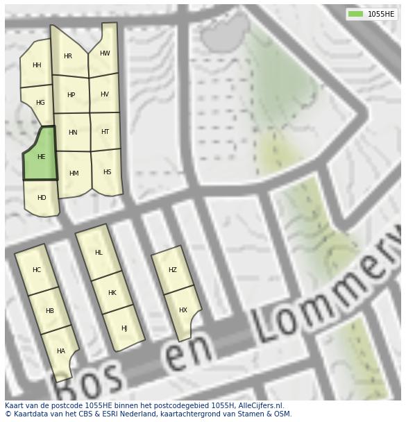 Afbeelding van het postcodegebied 1055 HE op de kaart.