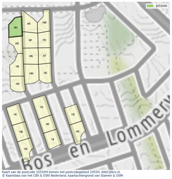 Afbeelding van het postcodegebied 1055 HH op de kaart.