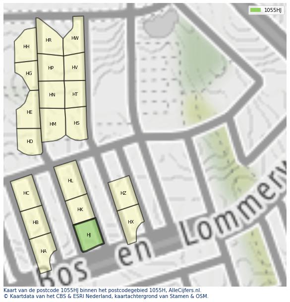 Afbeelding van het postcodegebied 1055 HJ op de kaart.