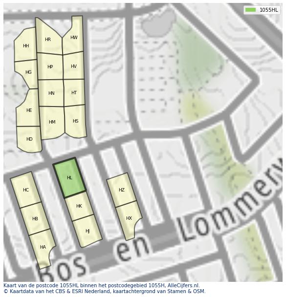 Afbeelding van het postcodegebied 1055 HL op de kaart.