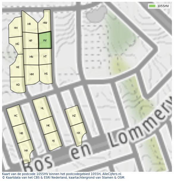 Afbeelding van het postcodegebied 1055 HV op de kaart.