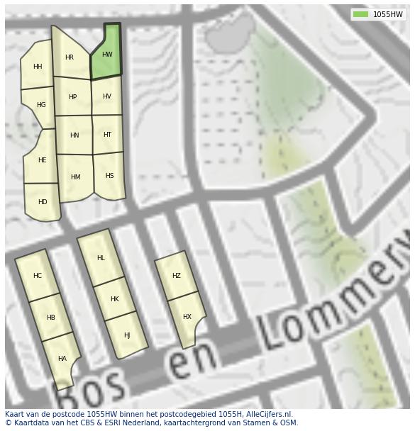 Afbeelding van het postcodegebied 1055 HW op de kaart.