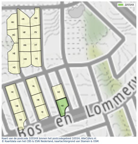 Afbeelding van het postcodegebied 1055 HX op de kaart.