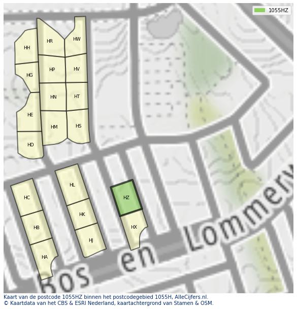 Afbeelding van het postcodegebied 1055 HZ op de kaart.