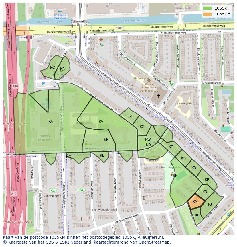 Afbeelding van het postcodegebied 1055 KM op de kaart.