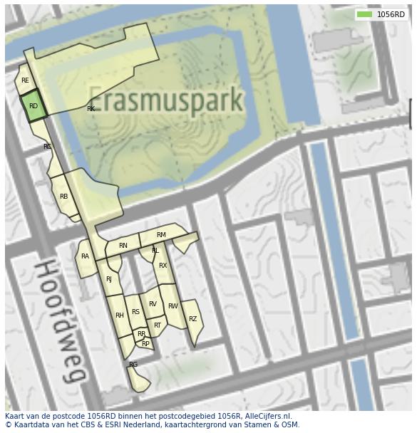 Afbeelding van het postcodegebied 1056 RD op de kaart.