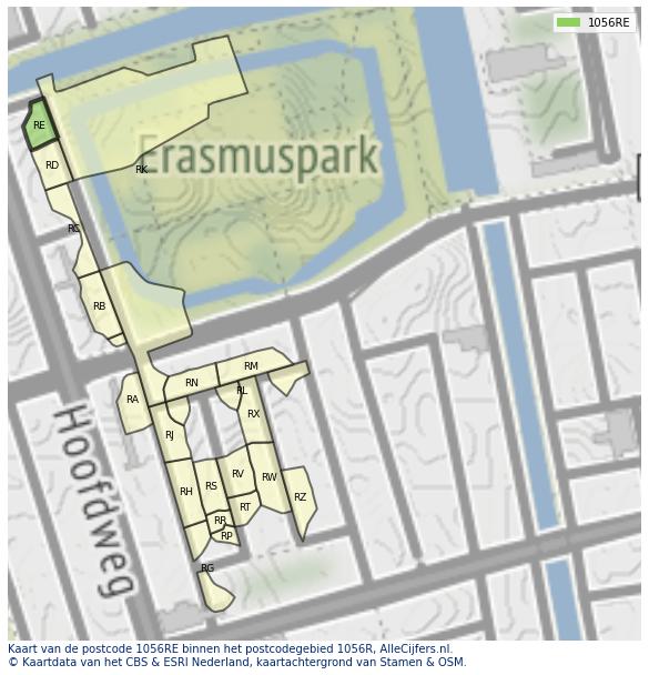 Afbeelding van het postcodegebied 1056 RE op de kaart.