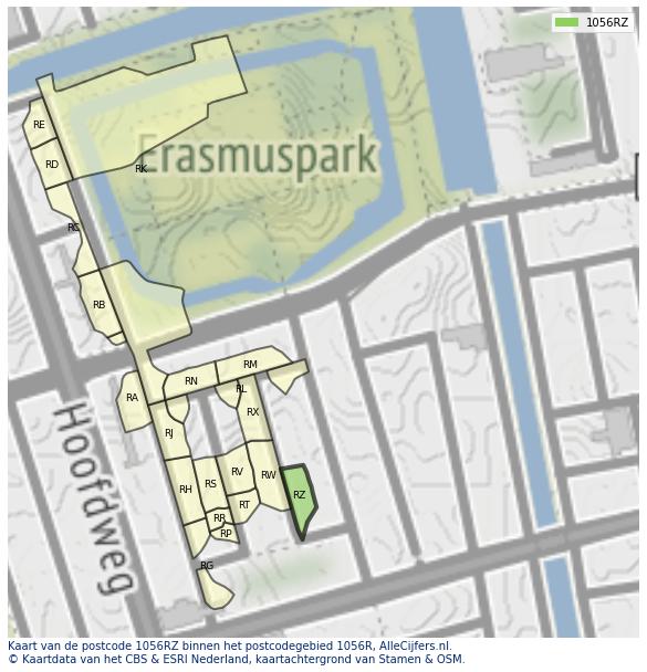 Afbeelding van het postcodegebied 1056 RZ op de kaart.