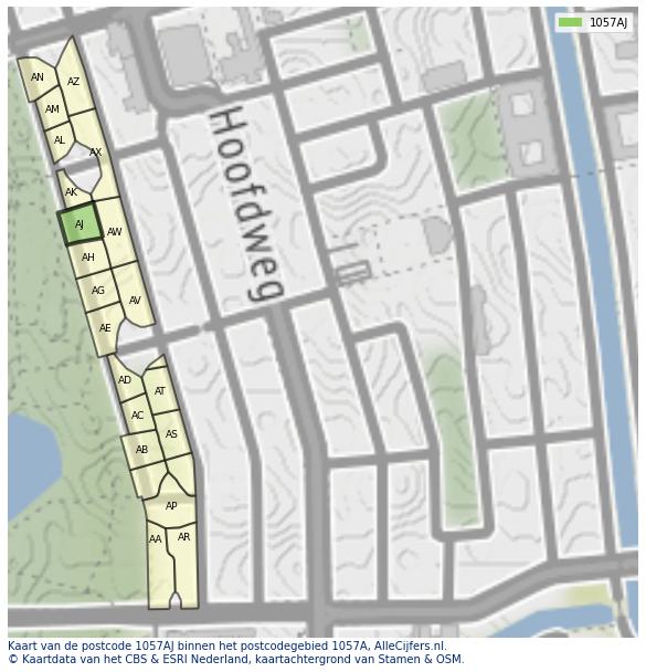 Afbeelding van het postcodegebied 1057 AJ op de kaart.