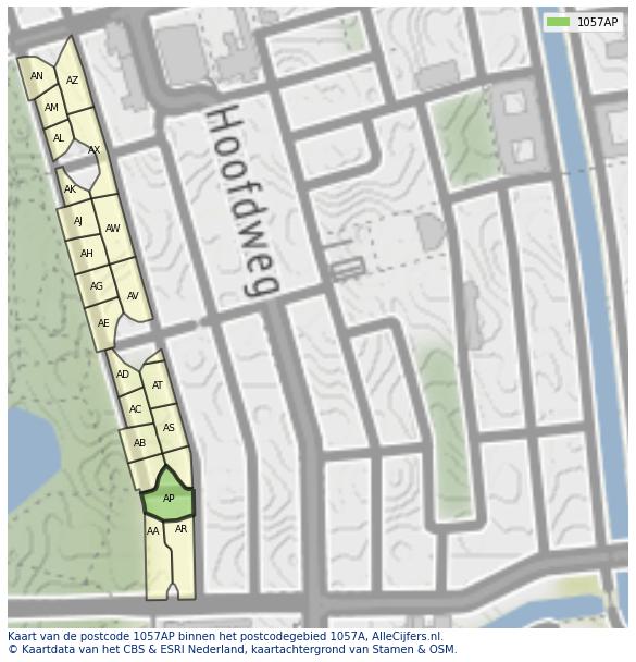 Afbeelding van het postcodegebied 1057 AP op de kaart.