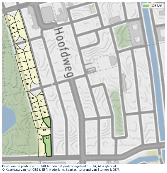 Afbeelding van het postcodegebied 1057 AR op de kaart.