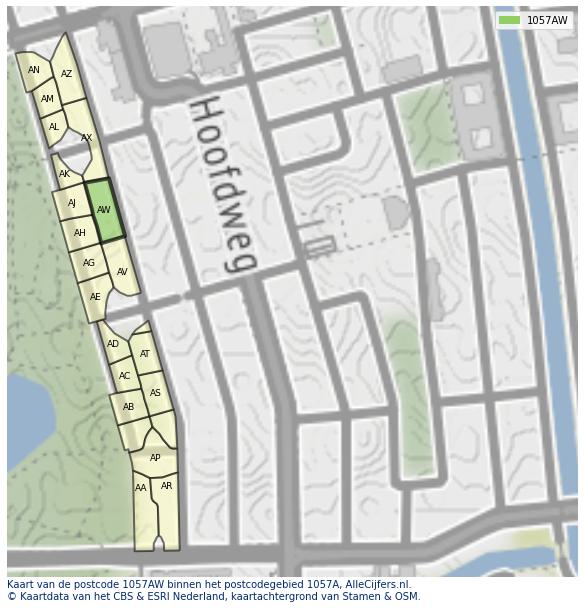 Afbeelding van het postcodegebied 1057 AW op de kaart.