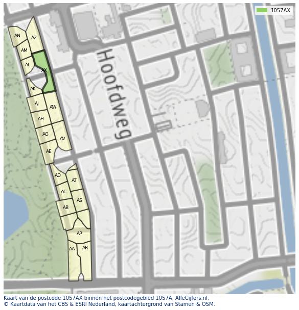 Afbeelding van het postcodegebied 1057 AX op de kaart.