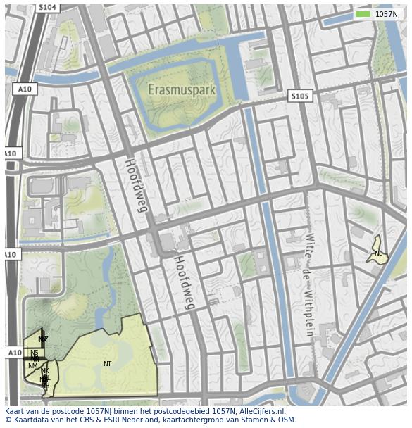 Afbeelding van het postcodegebied 1057 NJ op de kaart.