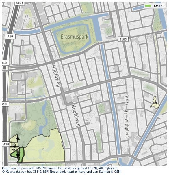Afbeelding van het postcodegebied 1057 NL op de kaart.