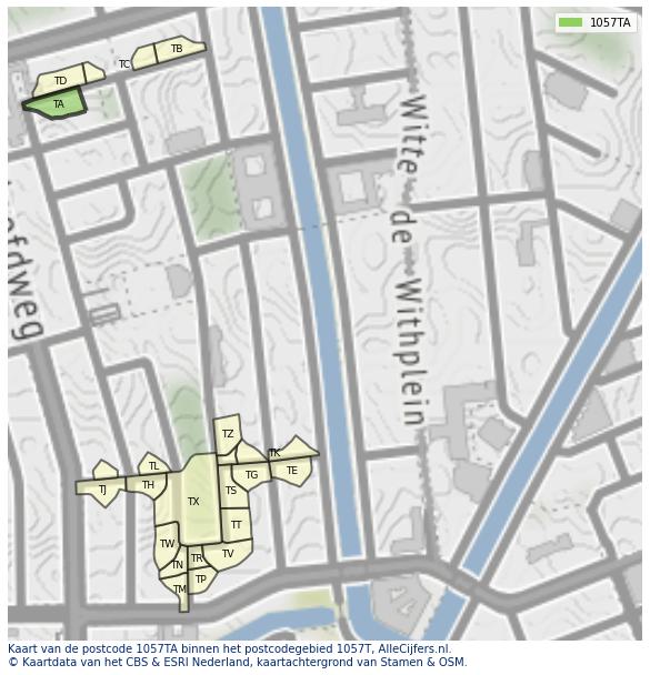 Afbeelding van het postcodegebied 1057 TA op de kaart.