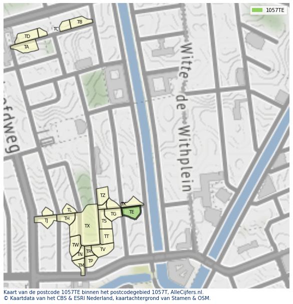 Afbeelding van het postcodegebied 1057 TE op de kaart.