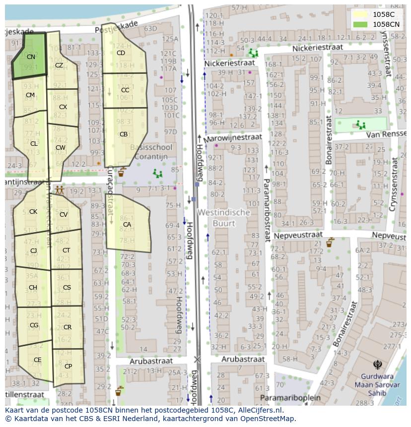 Afbeelding van het postcodegebied 1058 CN op de kaart.