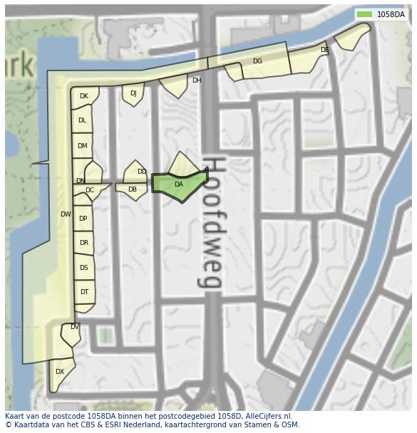 Afbeelding van het postcodegebied 1058 DA op de kaart.