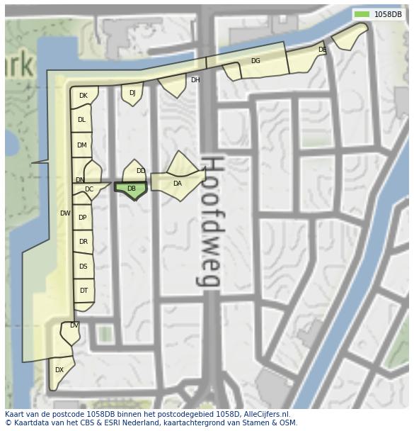 Afbeelding van het postcodegebied 1058 DB op de kaart.