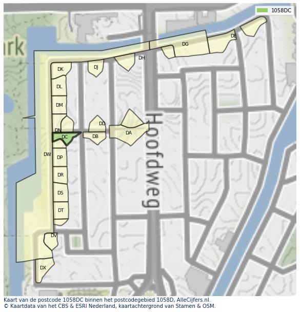 Afbeelding van het postcodegebied 1058 DC op de kaart.