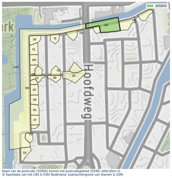Afbeelding van het postcodegebied 1058 DG op de kaart.