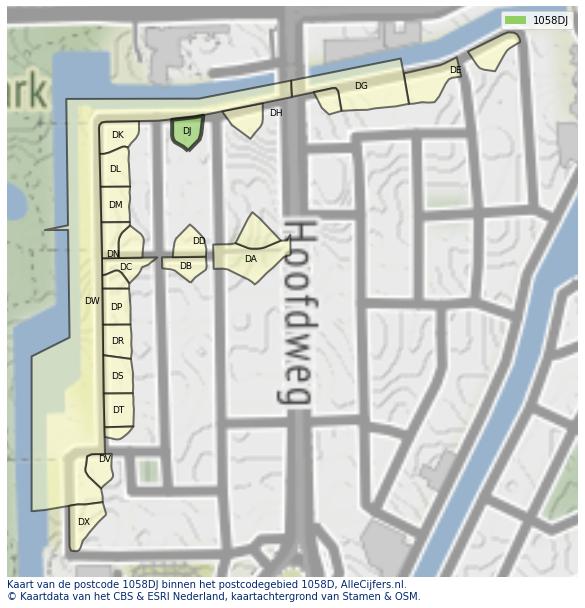 Afbeelding van het postcodegebied 1058 DJ op de kaart.